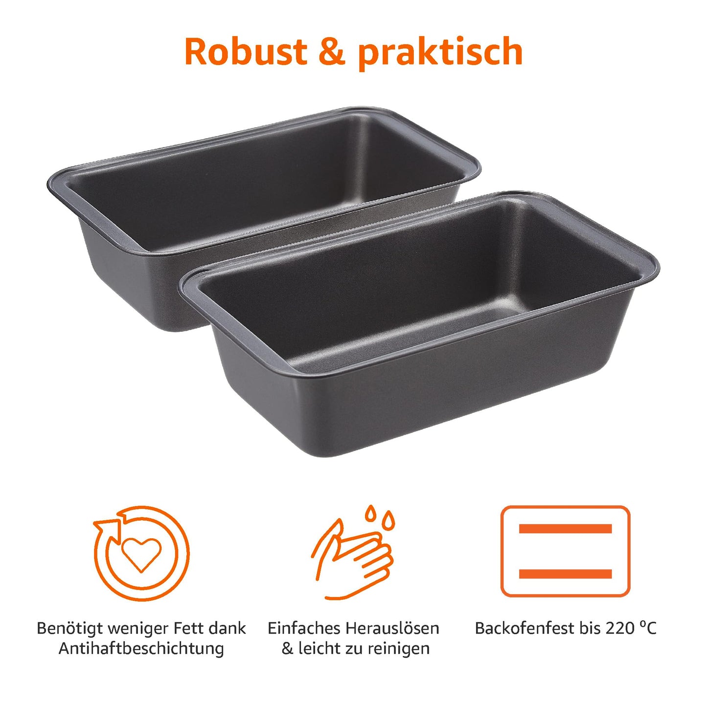 Amazon Basics Rechteckig Brotbackform, 2er-Pack, antihaftbeschichtet, Karbonstahl, Grau, 27x15x7 cm