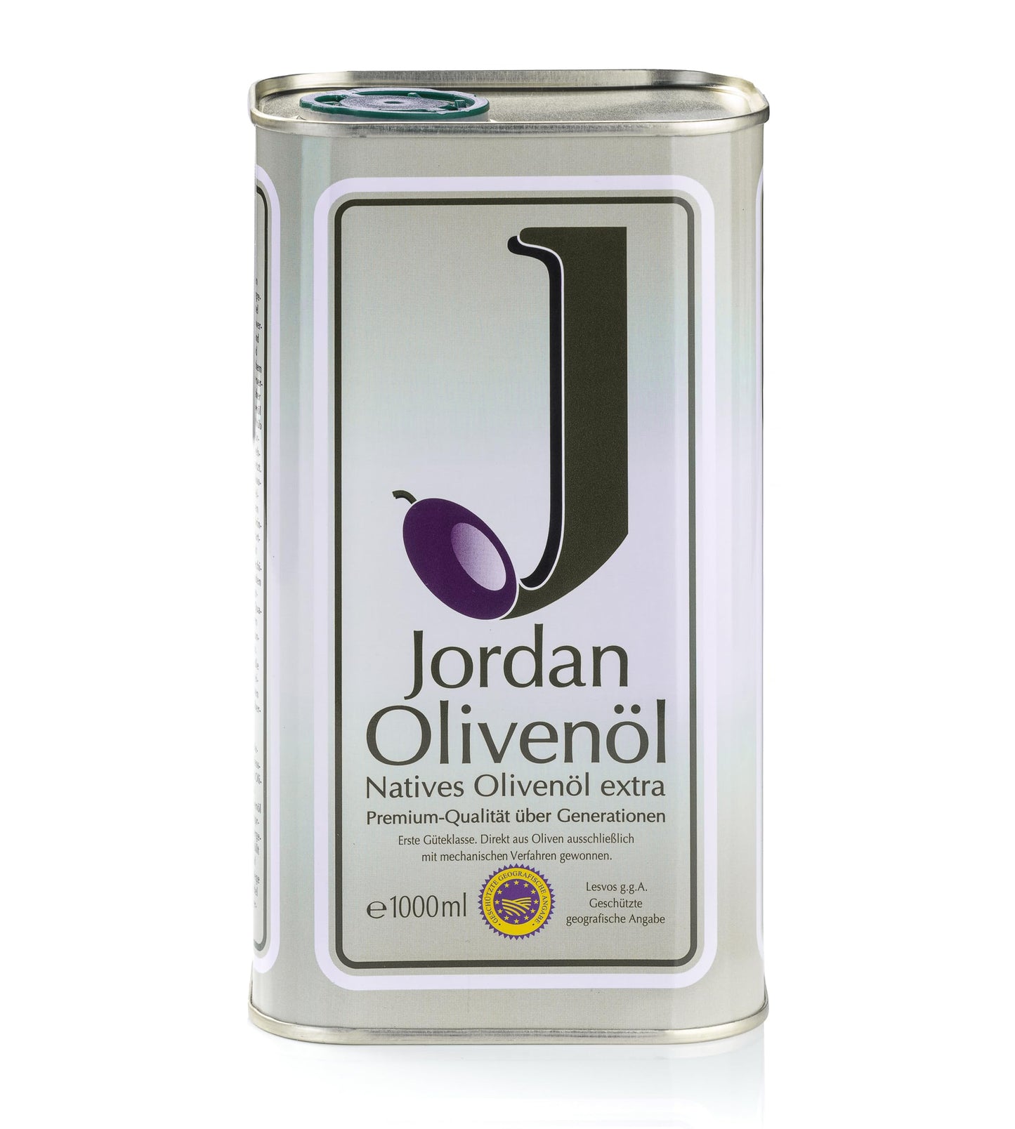Jordan Olivenöl | Natives Olivenöl Extra [1 Liter - Kanister] - von der griechischen Insel Lesbos | traditionelle Handernte | Kaltextraktion am Tag der Ernte | Kanister im Retro-Design mit Ausgießer