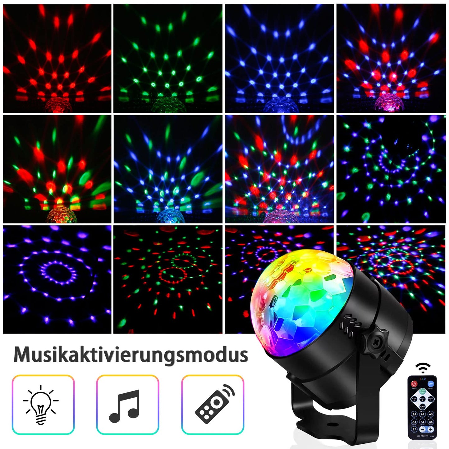 Discokugel, SEBRUANC Disco Lights LED Musikgesteuert DJ Party licht 360° Rotierende Ball Lights 3W RGB Bühnenlichter mit Fernbedienung für Home Geburtstag KTV Weihnachten 1pc