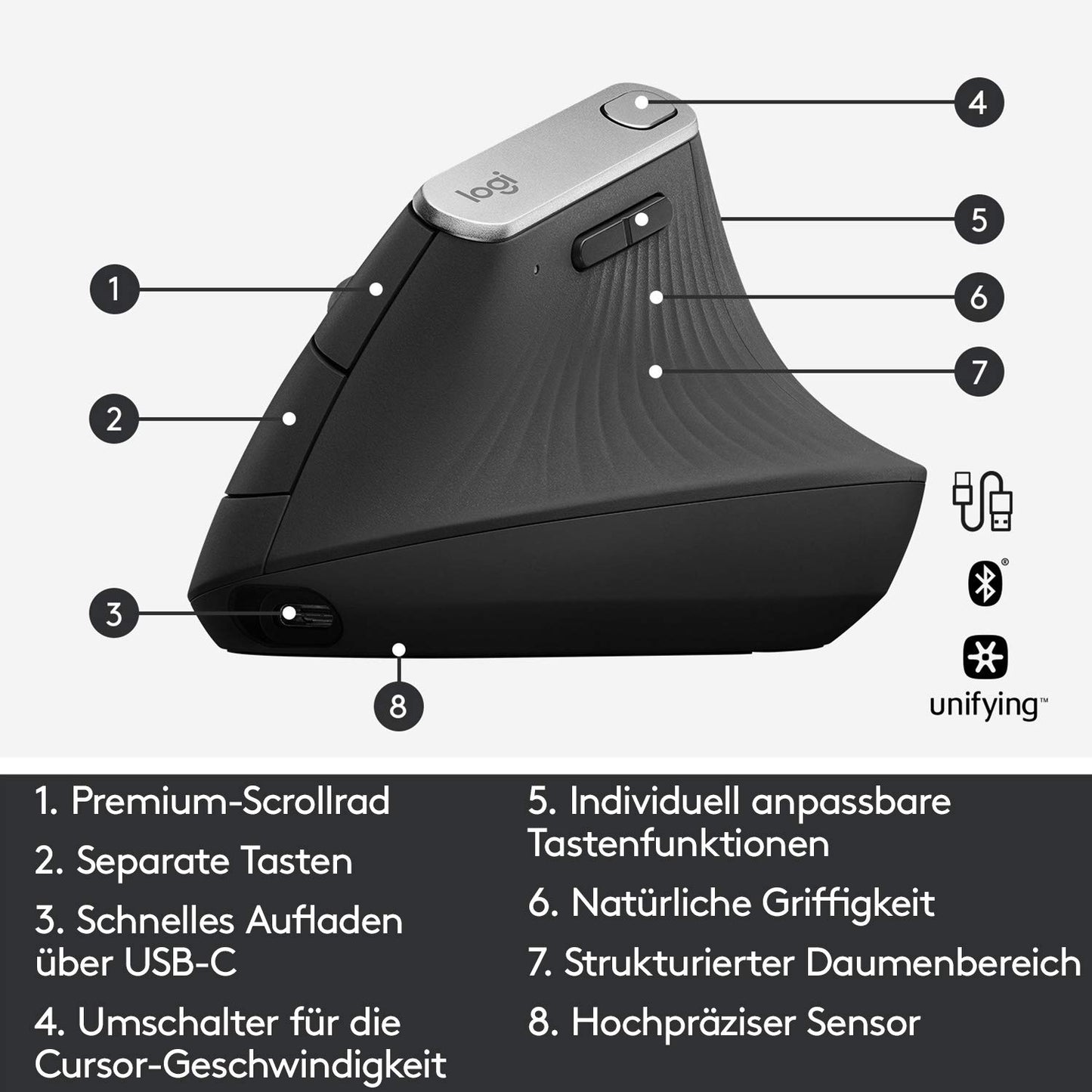 Logitech MX Vertical, Ergonomische Kabellose Maus, Bluetooth und 2.4 GHz Verbindung via Unifying USB-Empfänger, 4000 DPI Sensor, Wiederaufladbarer Akku, 4 Tasten, Multi-Device, PC/Mac/iPadOS - Graphit