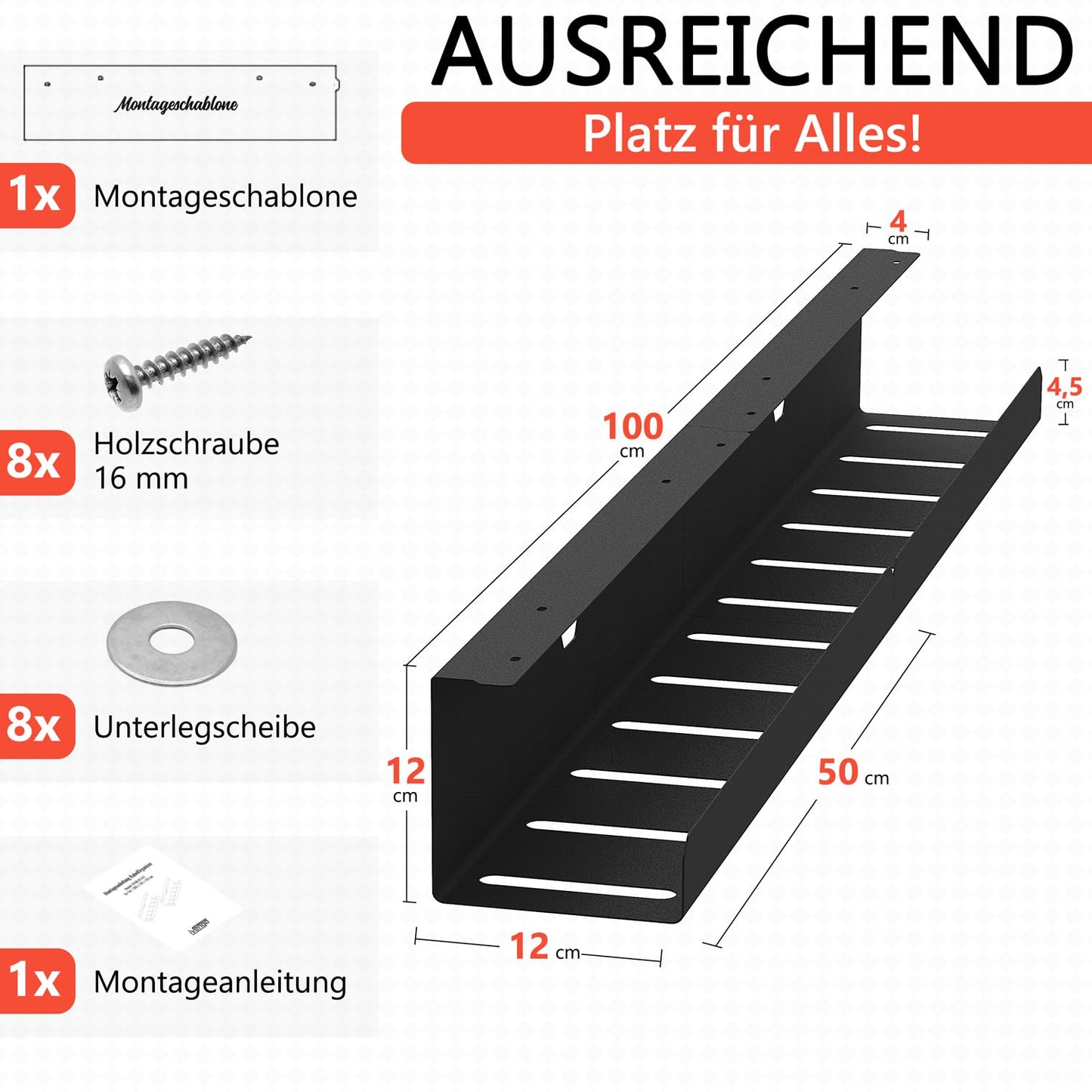 iVengo® XL Kabelkanal Schreibtisch TÜV-geprüft [2x50cm] für ideales Kabelmanagement Schreibtisch - geräumige Kabelführung Schreibtisch [2er Set] - robuste & smarte Kabelwanne Schreibtisch - Schwarz