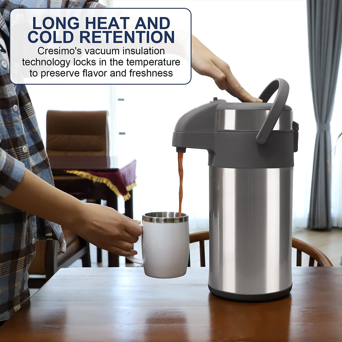 Titel: Olerd 4-Liter Pumpthermoskanne, Silber, Edelstahl-Doppelwand mit Vakuumisolierung, Kaffeespender mit Pumpmechanik für Warm und Kalt
