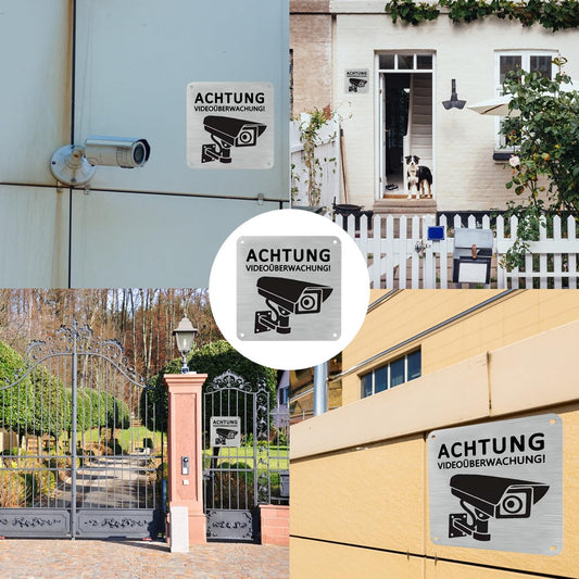 1 Stück Achtung Videoüberwachung Schild Privatgrundstück, 15x15cm Aluminium Schilder Kameraüberwachung, mit Selbstklebend und 4 Bohrlöcher, Kamera Überwachung, Warnschild