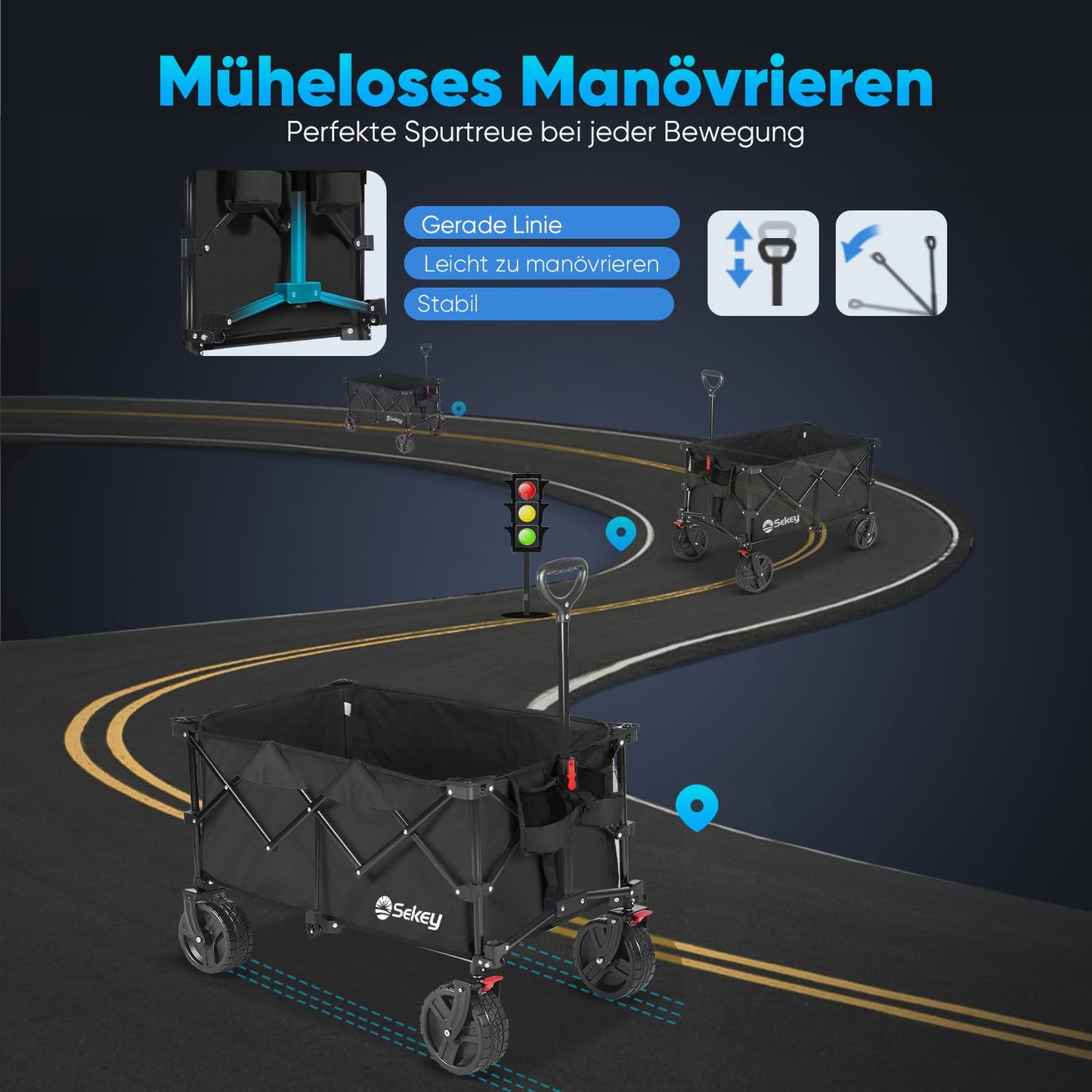 Sekey XXL Plus Bollerwagen Faltbar mit Bremsen 200L 200KG Belastbar, Extra Breite Reifen All Terrain Bollerwagen, Patentiert Zusammenfaltbar aus Vier Richtungen, XXL-PlusB 4011, Schwarz