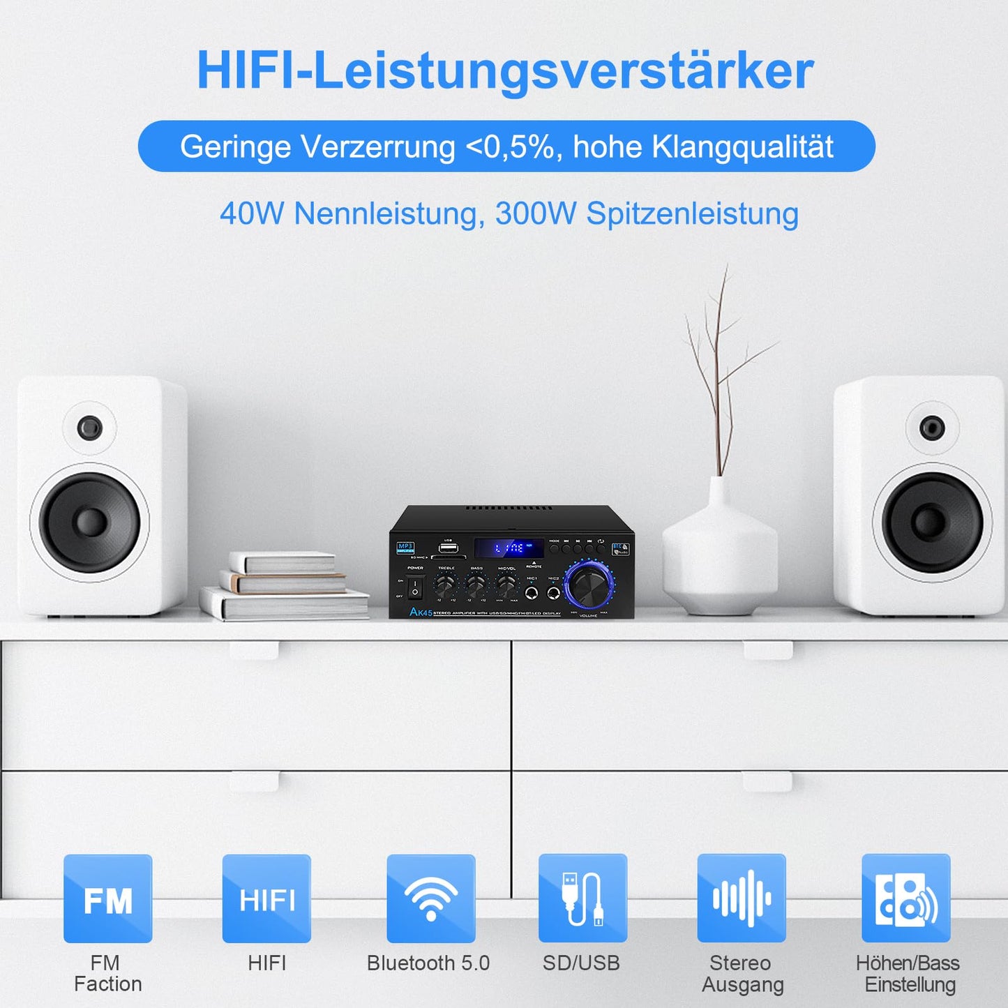 HiFi-Verstärker AK45 Mini Bluetooth Stereo-Audioverstärker Receiver 12V/ 220V 400W 2 Kanäle Digitale Endverstärker Soundverstärker w/UKW-Radio, SD/USB-Karteneingang, für Zuhause oder Auto