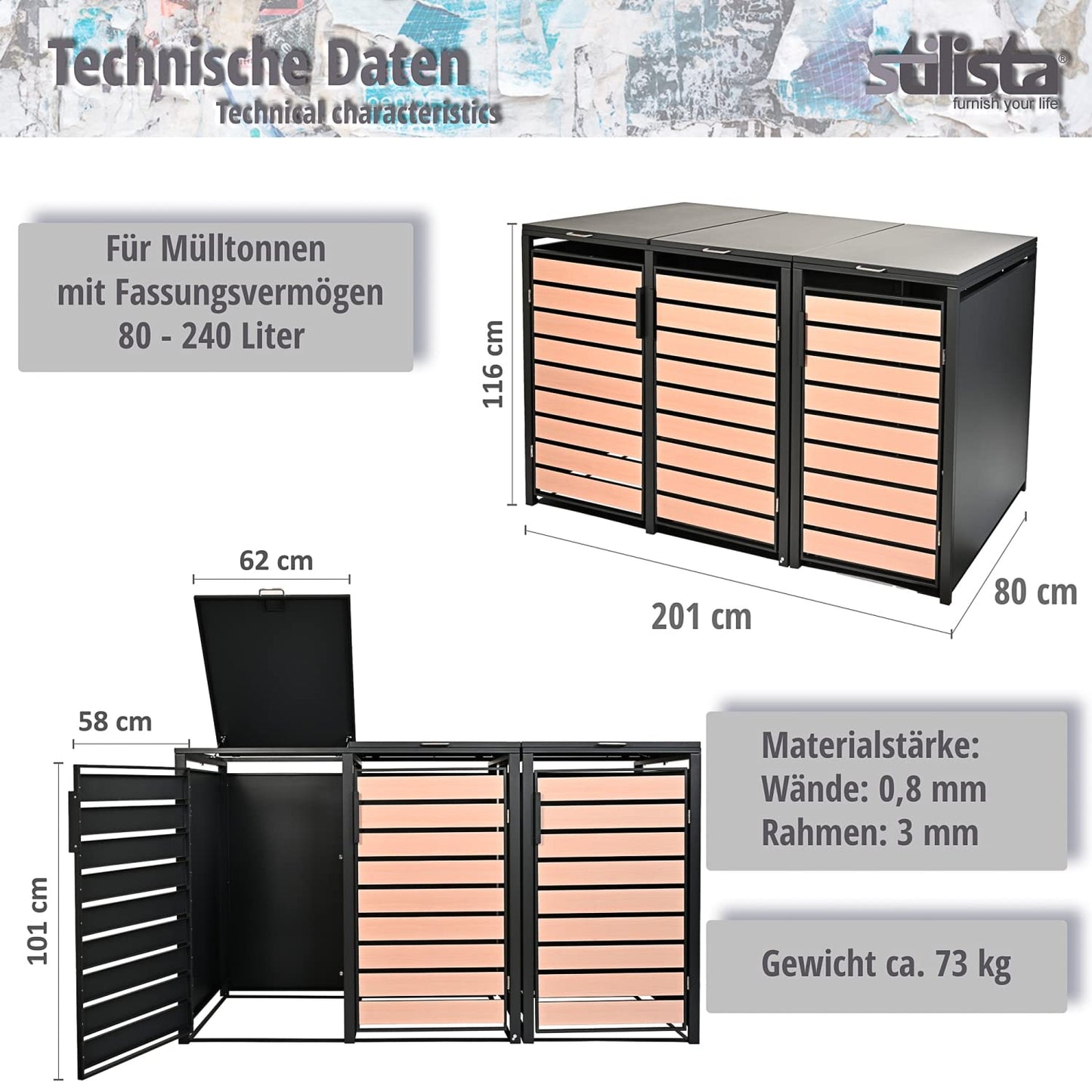 STILISTA Mülltonnenverkleidung aus Metall, für 3 Mülltonnen je 240 Liter, Anthrazit Holzoptik