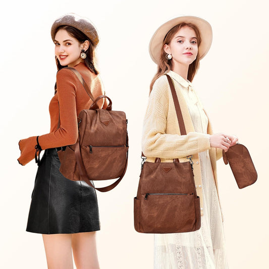 Leathario Damen Rucksack klein，Cityrucksack aus Veganem Leder Eleganter Rucksack，Antidiebstahl-Kleiner Rusack für Mädchen Und Fraun Modern zur Schule Arbeit Reise, Braun
