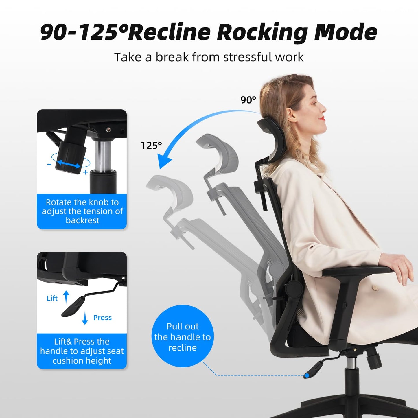 Daccormax Bürostuhl Ergonomisch, Schreibtischstuhl mit Verstellbarer Kopfstütze, Armlehnen, Lendenwirbelstütze, Drehstuhl Wippfunktion, Chefsessel aus Mesh,Rückenschonend, Bürostuhl 150kg