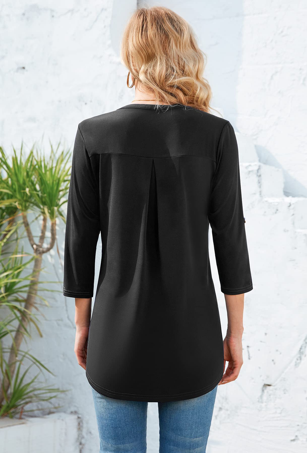 Siddhe 3/4 Ärmel Tunika Tops Bluse Damen Schwarz Business Damenbluse V-Ausschnitt Oberteile Casual Longshirt Frauen T-Shirt Arbeits Elegant Büro Mode Shirt für Leggings Herbst Vintage Einfarbig, M