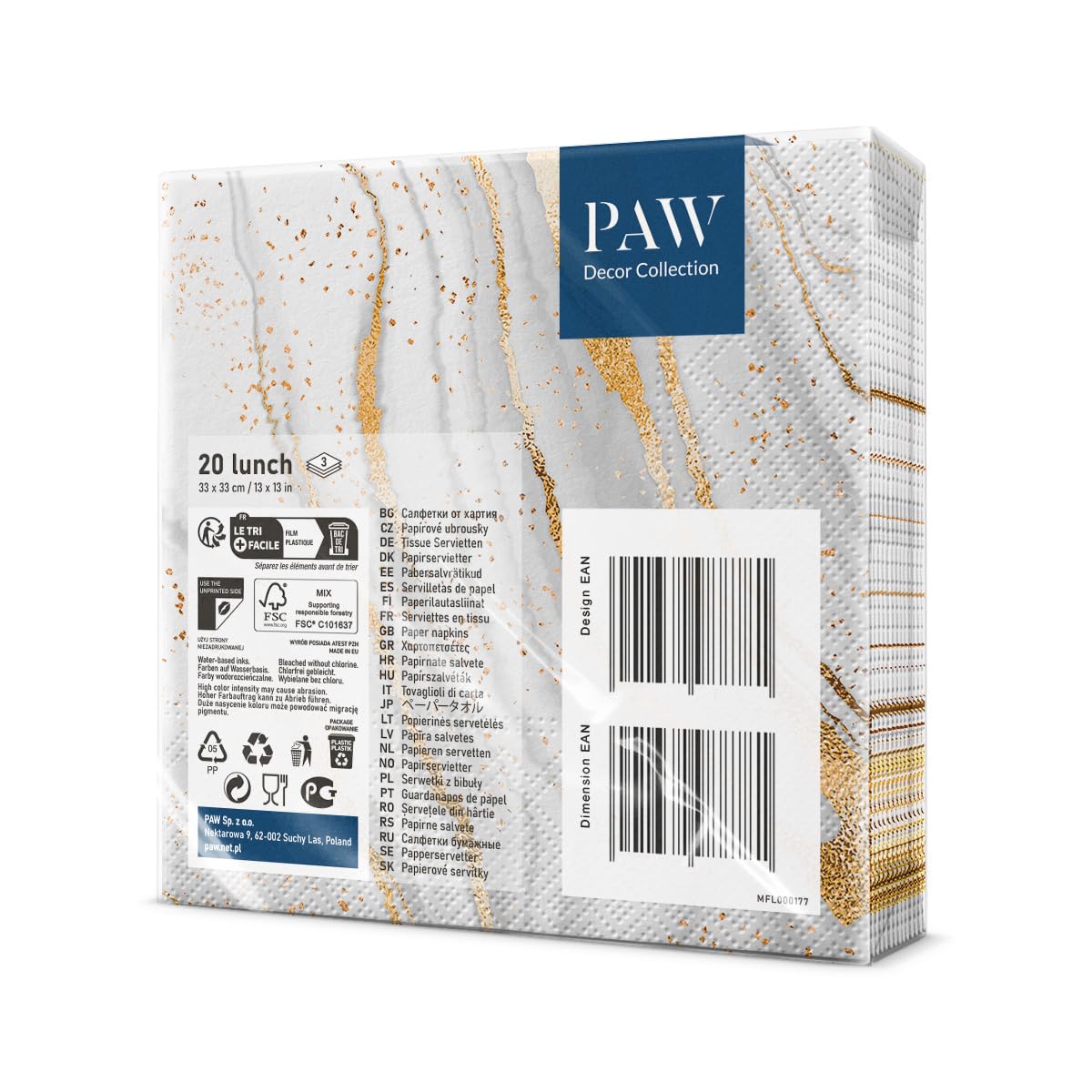 PAW - Serviette Papier 3 Plis (33 x 33 cm) I Lot de 20 I Parfait pour les Anniversaires, les Partys, les Mariages, la Kommunion et les Célébrations I Décoration de Table - Marbre Doré