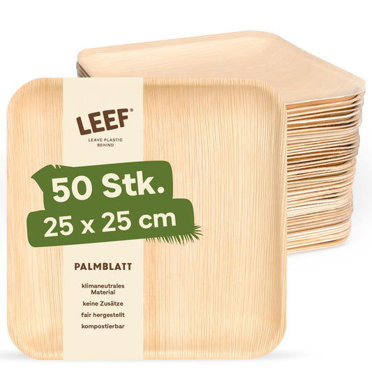Leef 50x Palmblatt Teller eckig - Einweggeschirr kompostierbar und naturbelassen - 25 x 25 cm