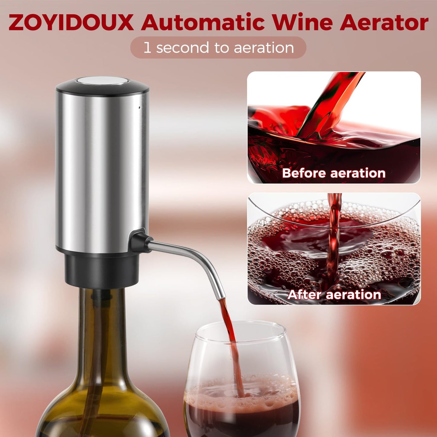 ZOYIDOUX Elektrischer weinbelüfter Set 4-in-1 Weinset mit Wiederaufladbarem Weinöffner, Wiederaufladbarem Weinbelüfter, Folienschneider und Vakuum Weinstopfen, Geschenkset für Weinliebhaber(Edelstahl)