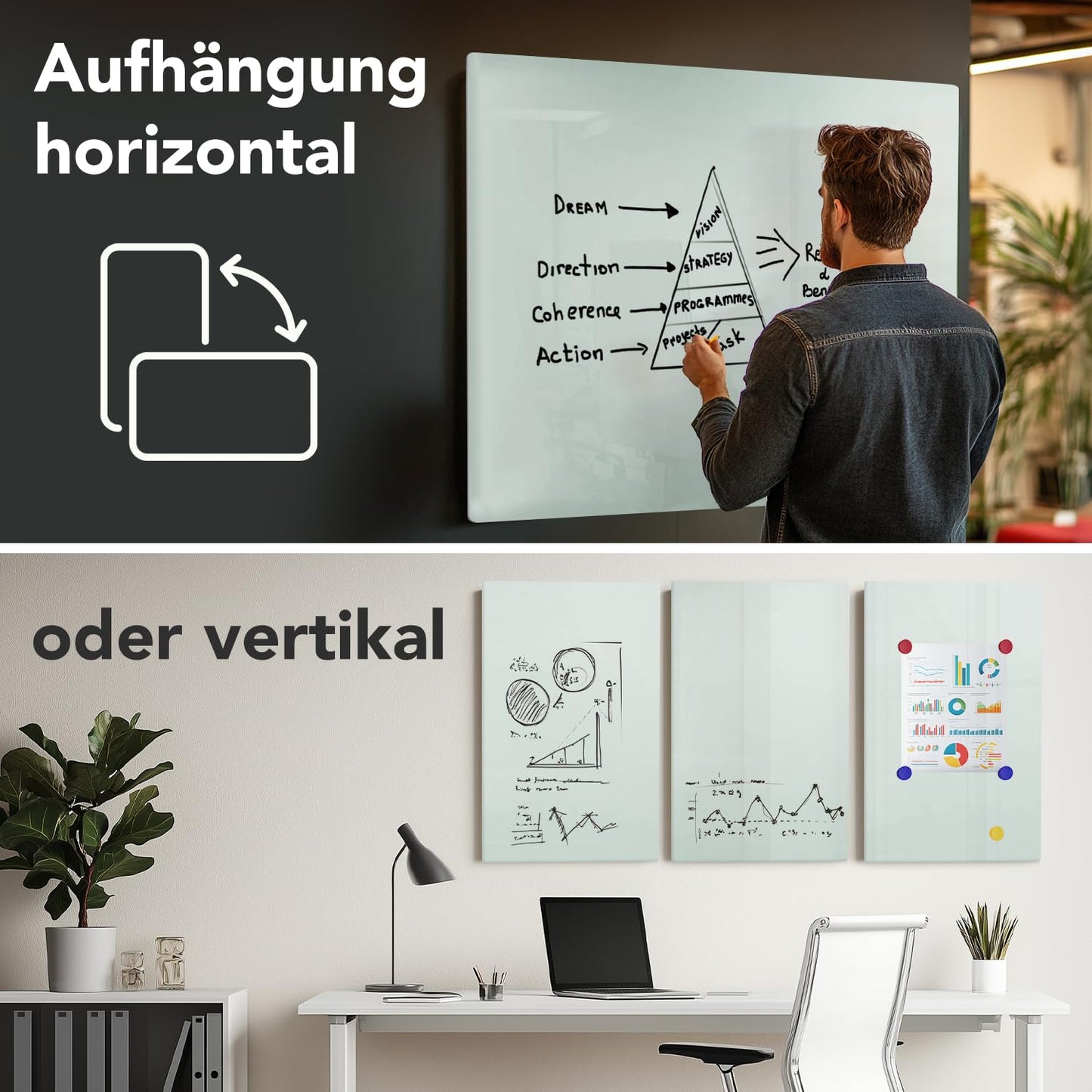 Floordirekt Glasboard magnetisch & beschreibbar, Glas-Whiteboard inkl. 5 Magnete - Magnettafel für die Wand - Schreibtafel Magnetwand Tafel Pinnwand Memoboard für Küche (Weiß, 65 x 100 cm)