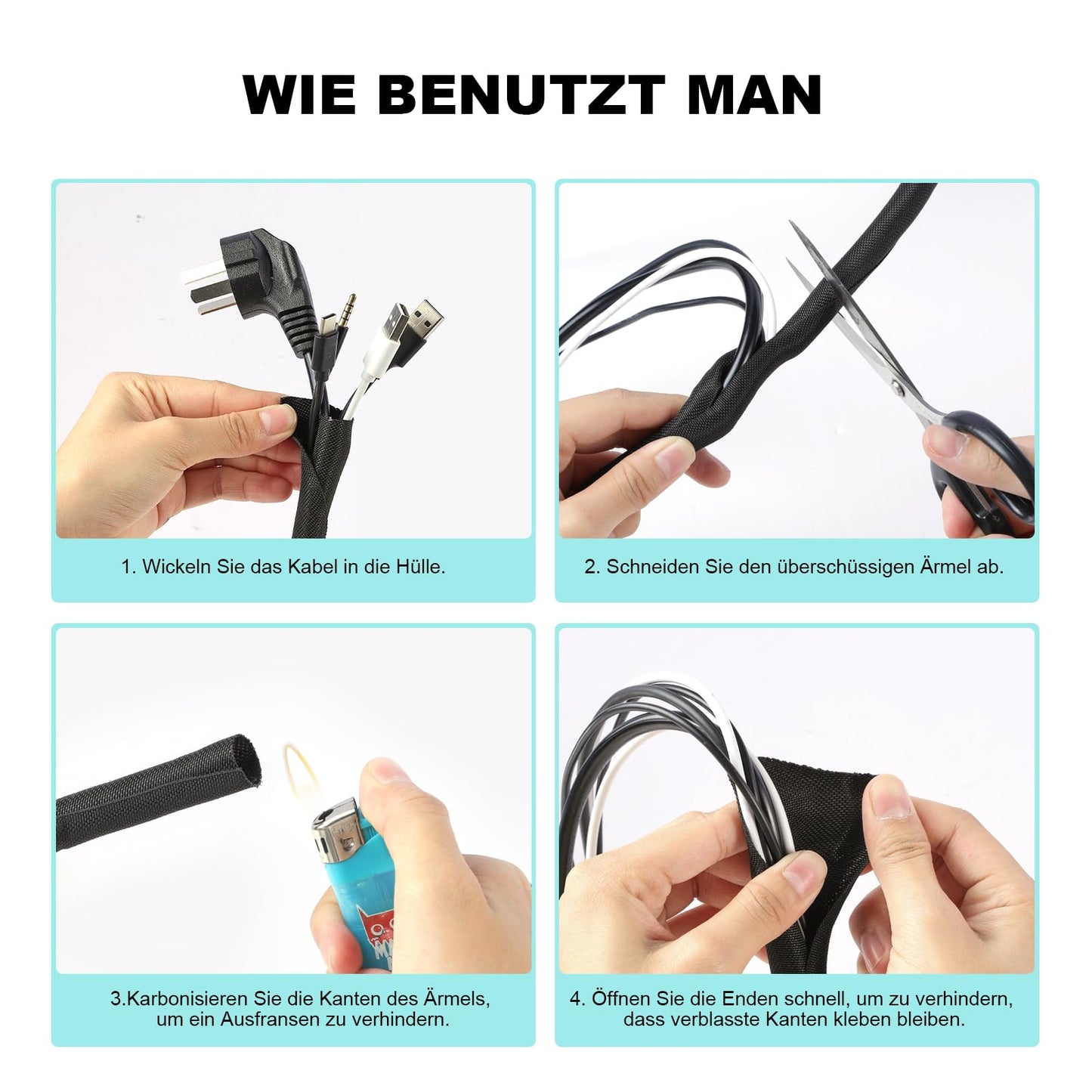 AGPTEK 3m Kabelschlauch, 25mm selbstschließend Kabelkanal, Flexibler Textilien Kabelmantel, Kabelmanagement für Schreibtisch, TV, Computer, PC, Kabelschutz für Hund, Katze, Schwarz