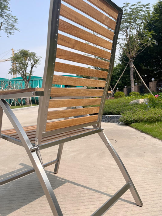 ALEOS. Gartengarnitur Edelstahl Teak Set: Ausziehtisch 200-260x100 cm + 10 Teak-Edelstahl Hochlehner, Sitzgruppe A-Grade Teak Holz - Serie Nassau - Gartenmöbel Set 10 Personen Gastronomie Qualität