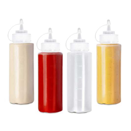 MATANA 4 Große Quetschflaschen aus Kunststoff mit Kappen, 500ml - Squeeze Flaschen - Gewürze, Saucen, Ketchup, Dressings, Olivenöl – BPA-Frei & Spülmaschinenfest
