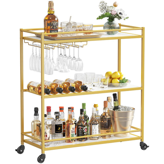 Lifewit Servierwagen, 3-stöckiger Barwagen auf feststellbaren Rädern, Küchenrwagen für 12 Gläser und 4 Weine, Servierwagen mit Rollen für das Esszimmer, 80,2 x 33,2 x 86 cm, Gold Lebenswit