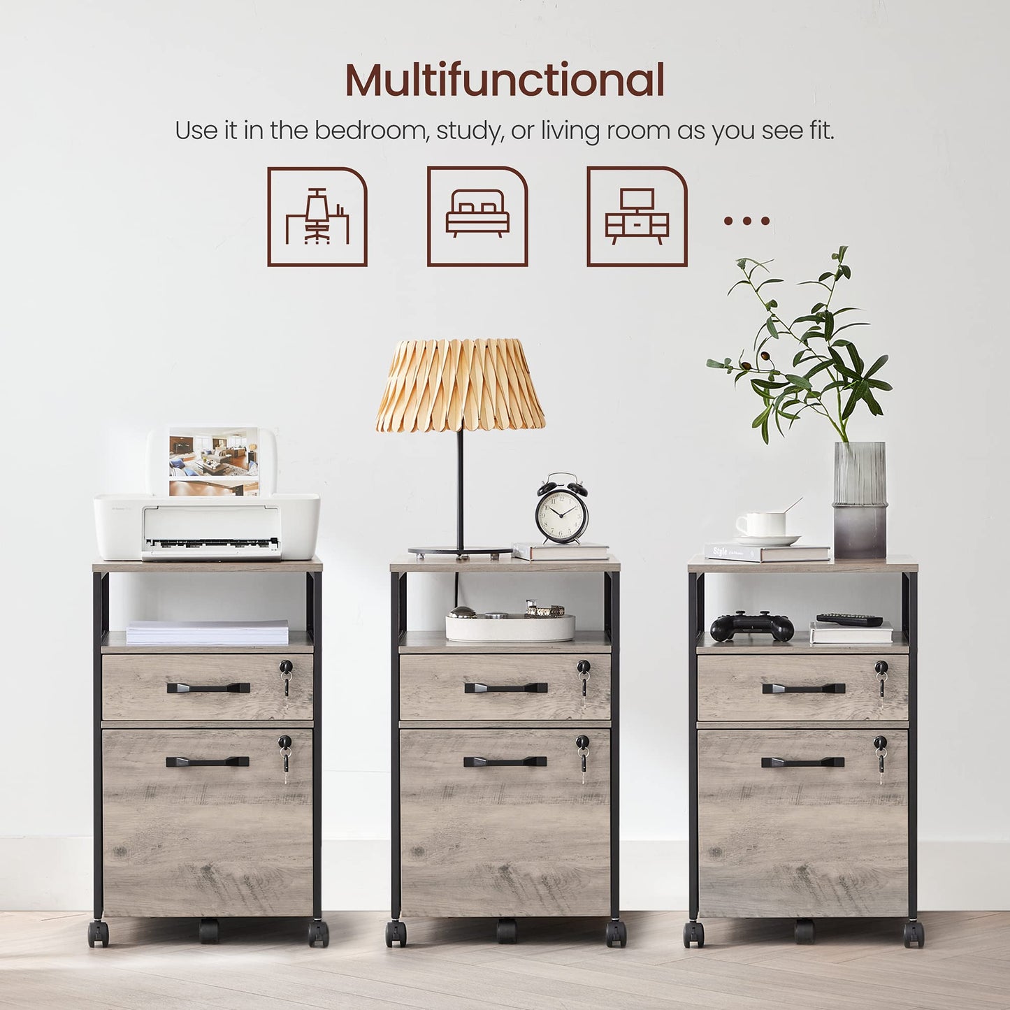 VASAGLE Rollcontainer, Aktenschrank mit 2 Schubladen, mobiler Büroschrank mit Rädern, offenes Fach, Hängeregistratur, Stahlgestell, Industrie-Design, greige meliert-tintenschwarz OFC077B02