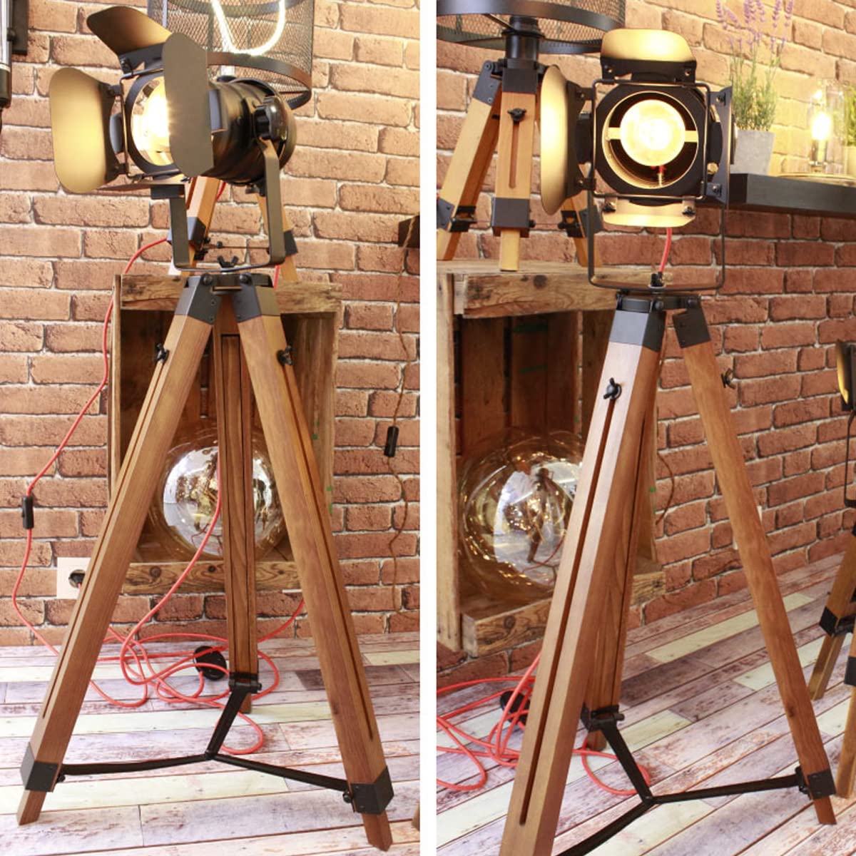 Barcelona LED Vintage Stehleuchte Tripod Stehlampe Deckenfluter im Cinema Stil, mit Dreifuß aus Holz Stativ Holz, Studiolampe, Studioleuchte, Wohnzimmerlampe, Wohnzimmerleuchte, LV 234