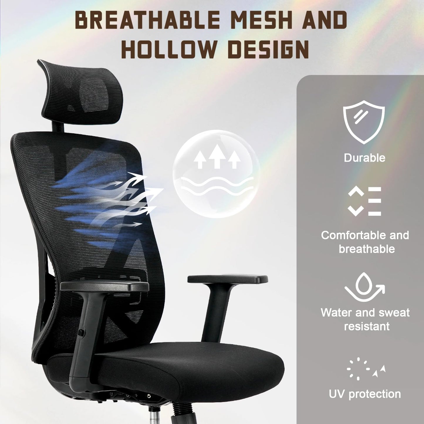Durrafy Bürostuhl Ergonomisch, Bürostuhl, Schreibtischstuhl mit Verstellbarer Kopfstütze, Armlehnen, Lendenwirbelstütze Höhenverstellbar, 90°-130° Schaukeln, Chefsessel 150KG Belastbar, Schwarz