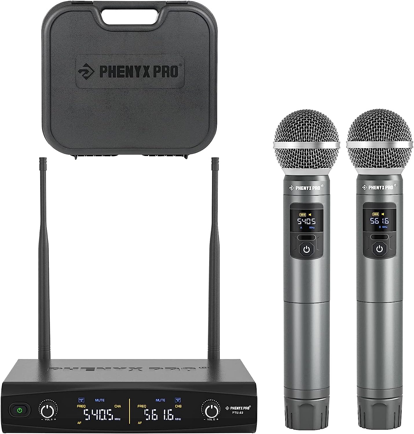 Phenyx Pro Mikrofon Drahtloses Mikrofonsystem mit Koffer, kabelloses Handmikrofon-Set für Gesang, Karaoke, Kirche, 2x30 UHF einstellbare Frequenzen, 200ft Reichweite (PTU-52)