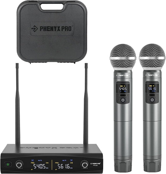 Phenyx Pro Mikrofon Drahtloses Mikrofonsystem mit Koffer, kabelloses Handmikrofon-Set für Gesang, Karaoke, Kirche, 2x30 UHF einstellbare Frequenzen, 200ft Reichweite (PTU-52)