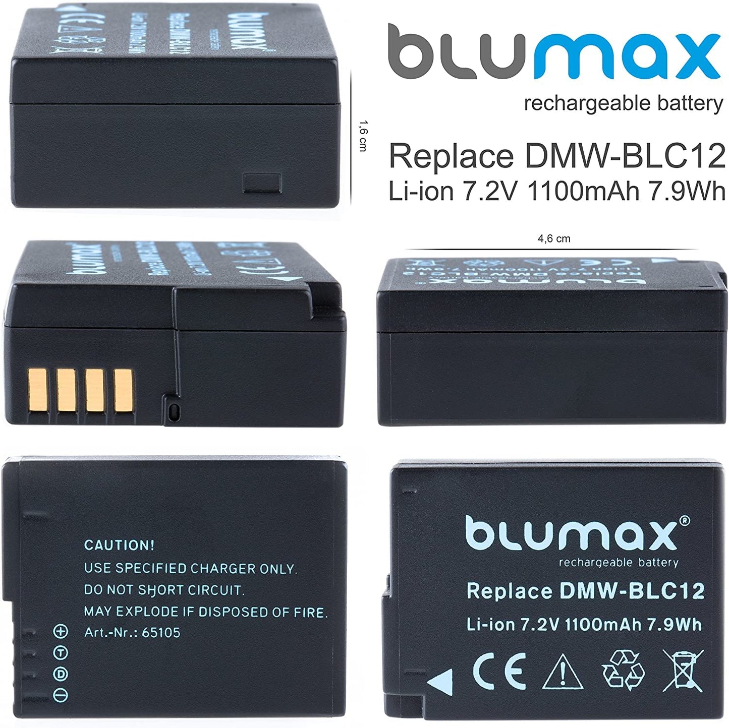 Blumax 2X Akku ersetzt Panasonic DMW-BLC12 / DMW-BLC12-E 1100mAh + Mini Dual-Ladegerät USB | kompatibel mit Lumix DMC: G5 | G6 | GX8 | G70 | G81 | GH2 | FZ200 | FZ300 | FZ1000 | FZ2000 | Leica V-Lux 4