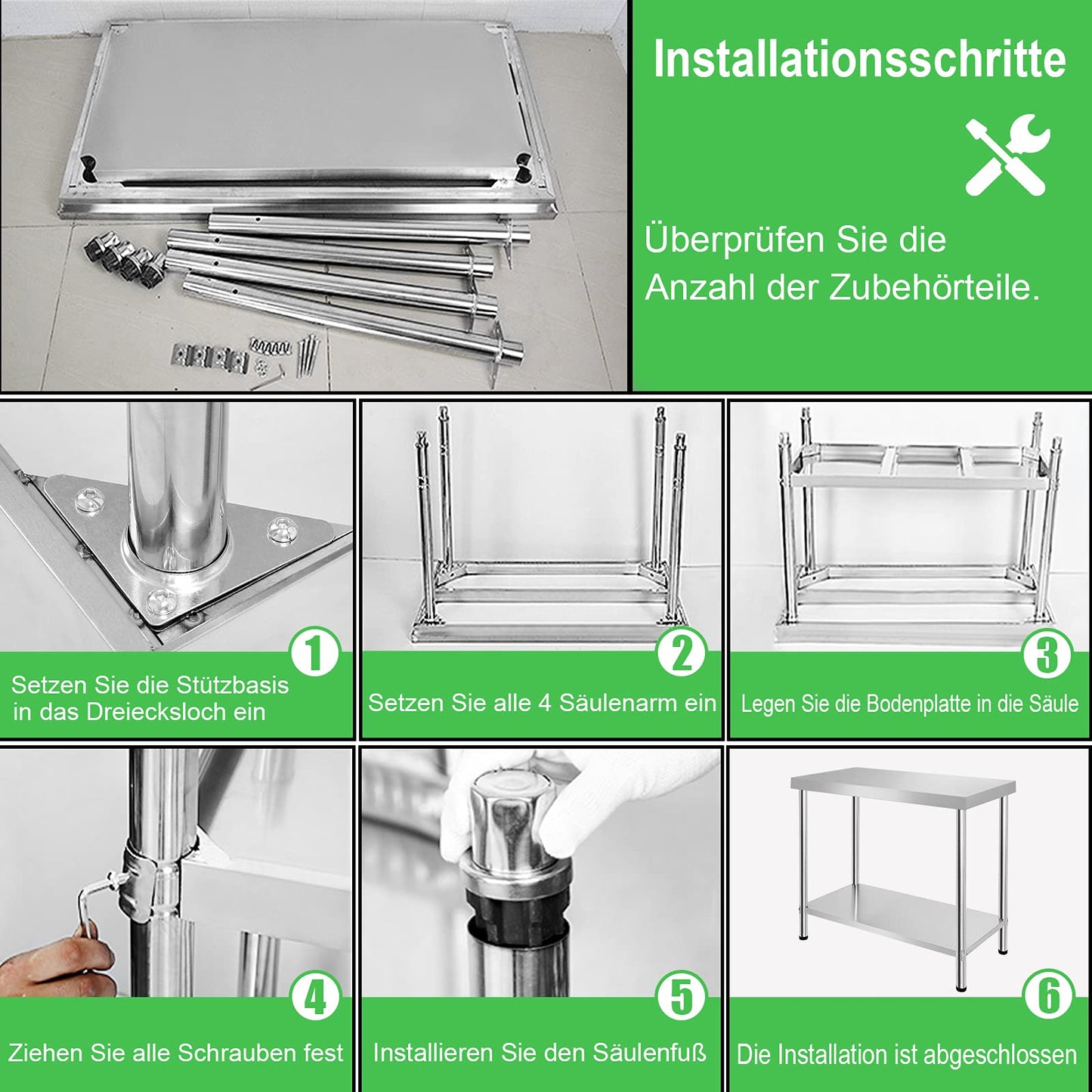 VA-Cerulean Edelstahltisch Edelstahl Arbeitstisch mit Verstellbare Füße Gastro Tisch Zubereitungstisch Zerlegetisch Küchenmöbel für Restaurant Bar, Silber(mit Aufkantung, 120x60x85cm)