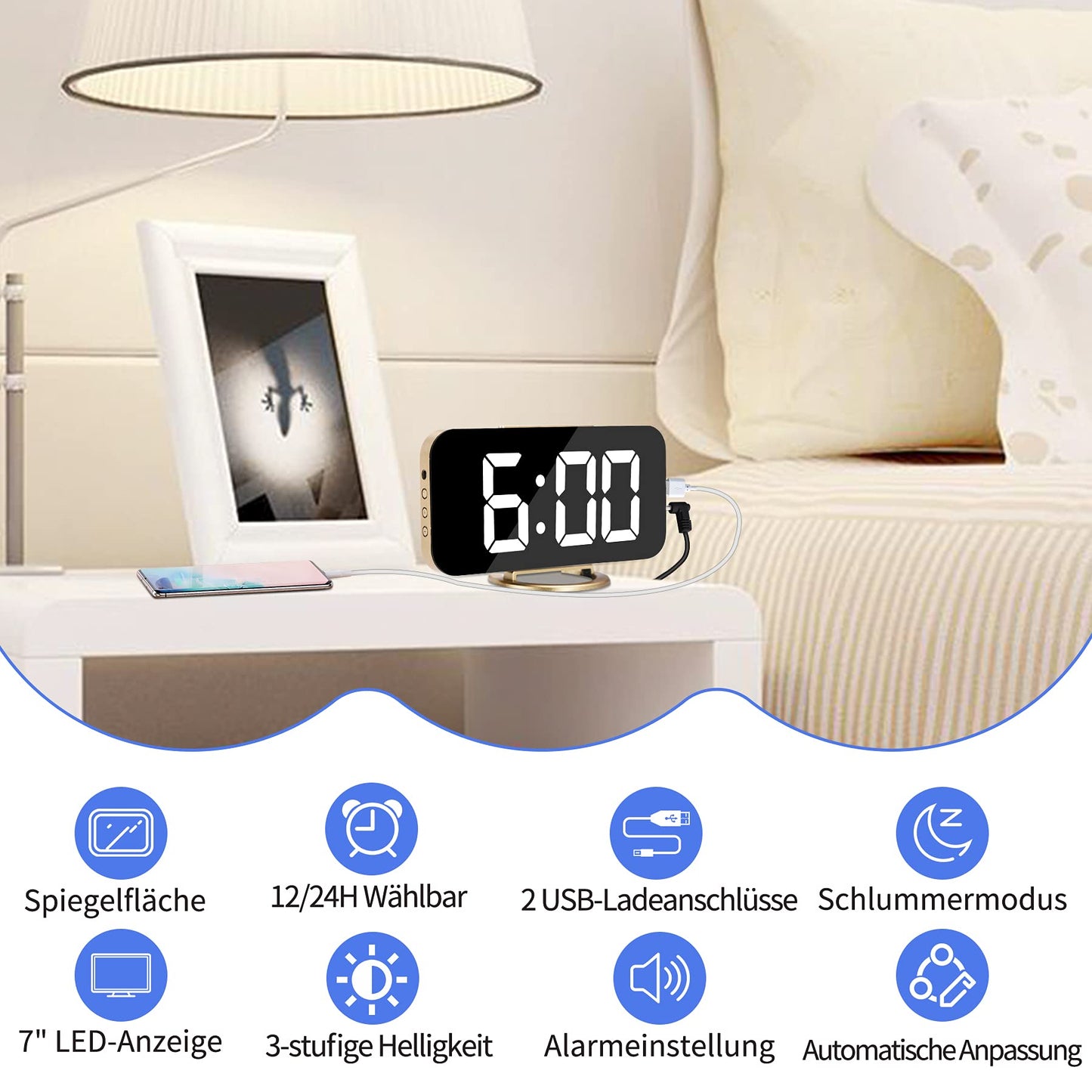 Digitaler,Wecker Am Bett,7 "LED-Spiegel-Wecker, mit 2 USB-Ladeanschlüssen,Schlummermodus,Automatische Helligkeitsanpassung,Einfach Einzurichtende Schreibtischuhr Für Die Home-Office (Gold)