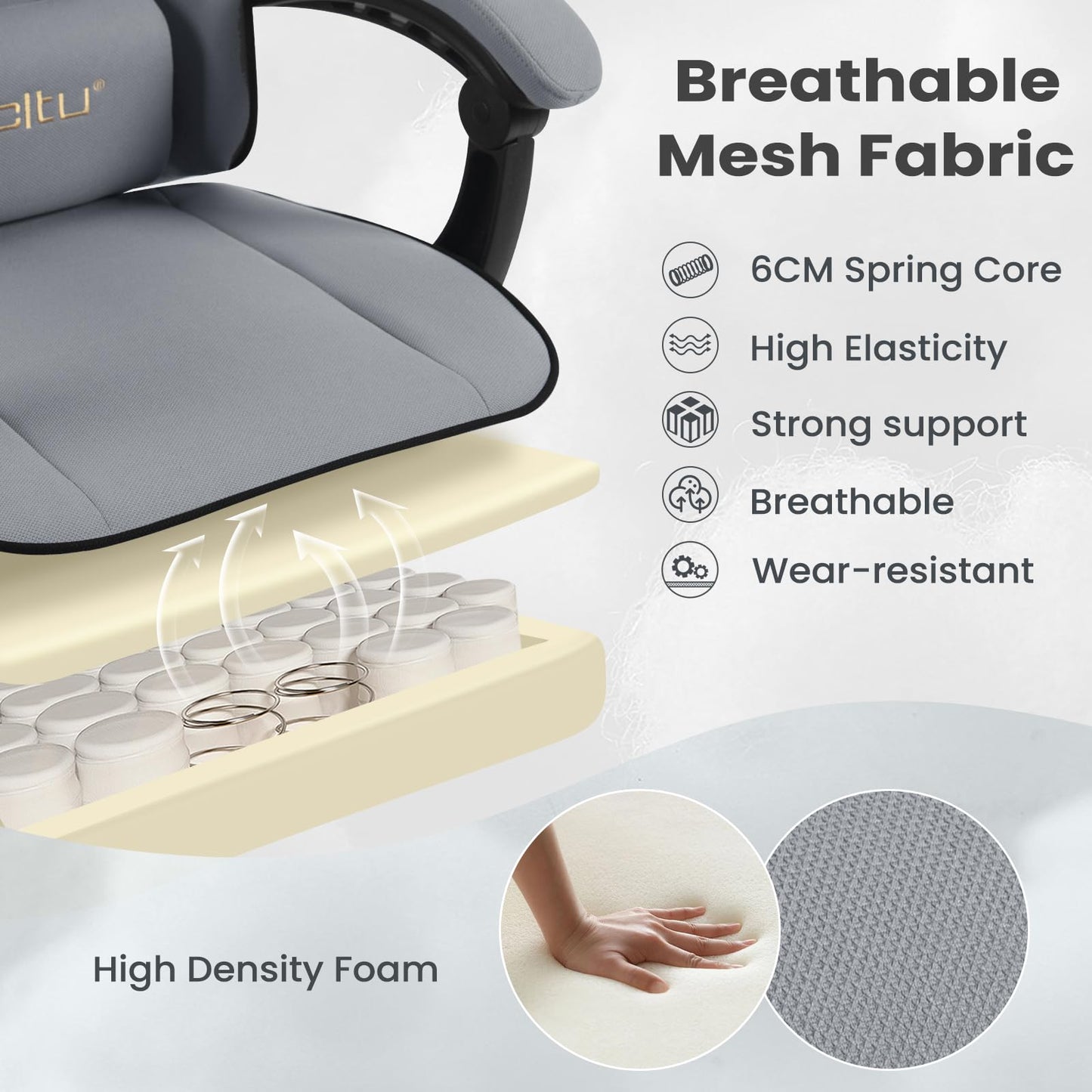WOLTU Gaming Stuhl mit Taschenfederkissen, Gaming Sessel 150 kg Belastbarkeit, ergonomischer Drehstuhl, Gamer Stuhl mit Kopfkissen, Lendenkissen, Fußstütze, Netzstoff, Grau,GS11gr