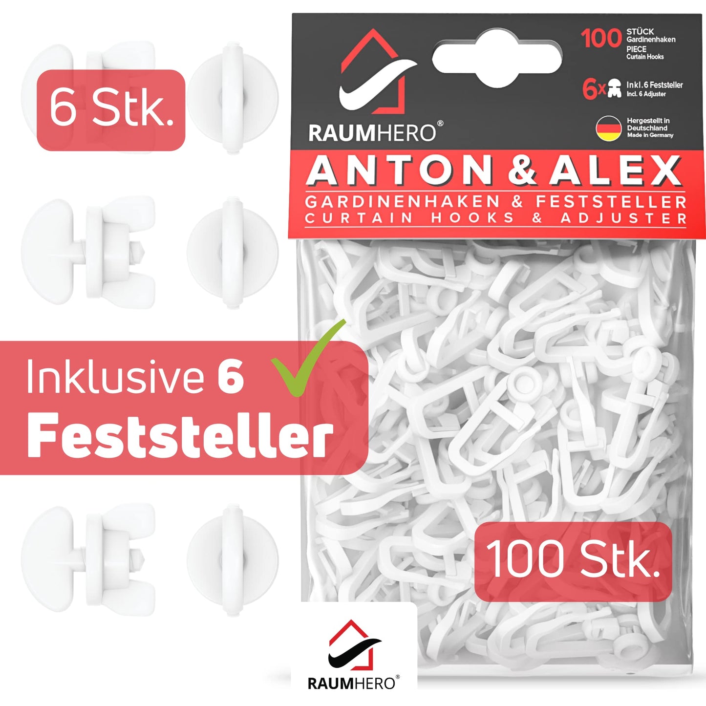 Raumhero® Gardinenröllchen für Schiene (Komplettset 100x Gardinenhaken inkl. 6X Stopper) - 8mm Standardmaß Gardinengleiter - Gardinenhaken für Schienen - 100% Made in Germany