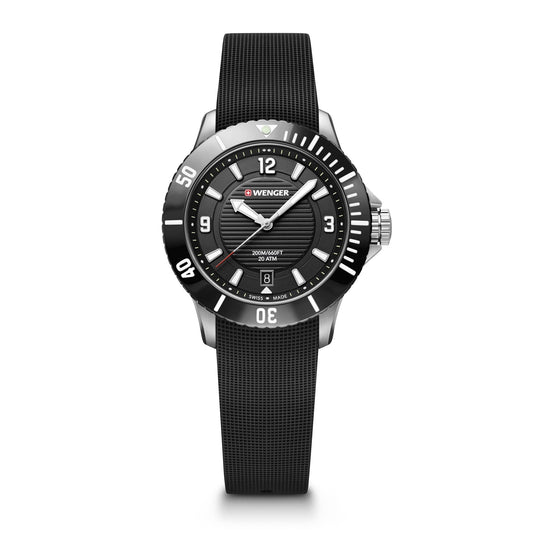 WENGER Unisex Armbanduhr Seaforce Small Ø 35 mm, Swiss Made, Analog Quarz, Wasserdicht, Silikon-Armband, Schwarz, 01.0621.110