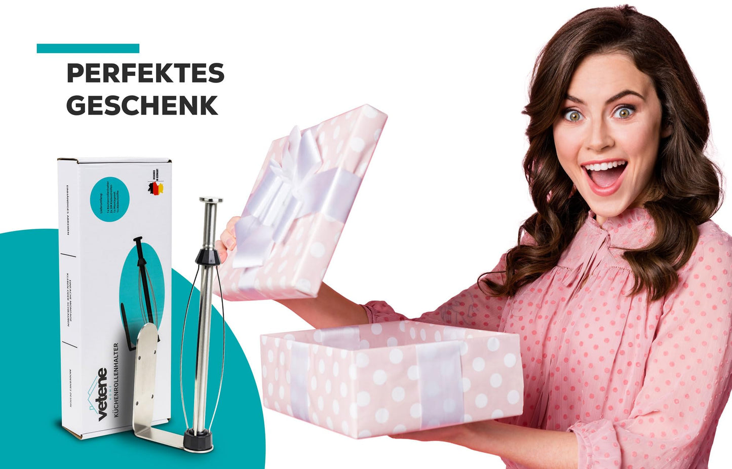vetene® Premium Küchenrollenhalter ohne Bohren (Zum Einhändig Abreißen) – Edelstahl Silber mit Abroll-Stop – Zewa Rollenhalter – Küchenpapierhalter
