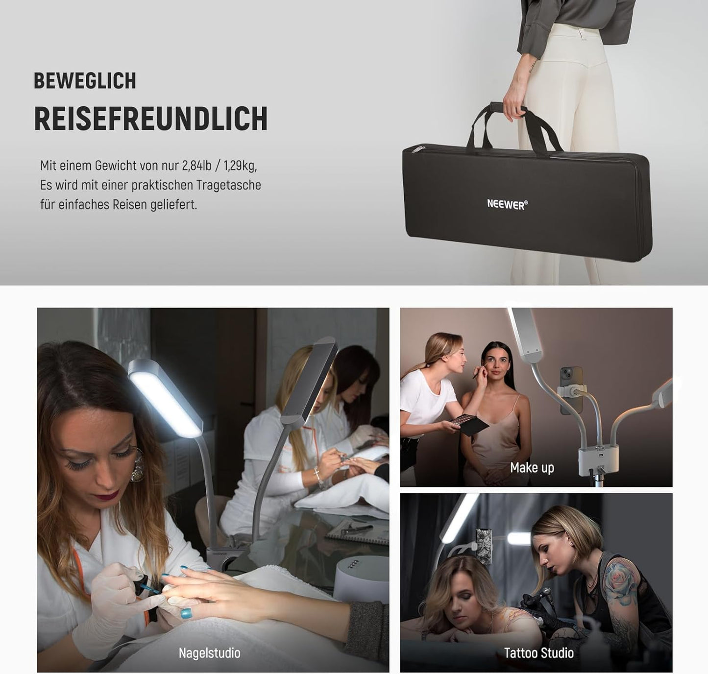 NEEWER LED Kosmetik Licht mit Handyhalter und Taschenset, Videolicht mit 2,4G/PC/MAC Steuerung, Streaming Light mit CRI98+ stufenlos dimmbare Make up Augenbrauen Tattoo Wimpern leuchte, BH40B