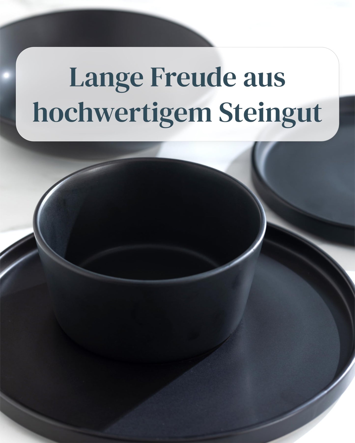Steingut Geschirrset 12 Pers. 48-tlg Hochwertiges Steingut Geschirr Set- Schüssel- und Teller Set- Tafelservice 12 Personen Geschirrsets in matt schwarz