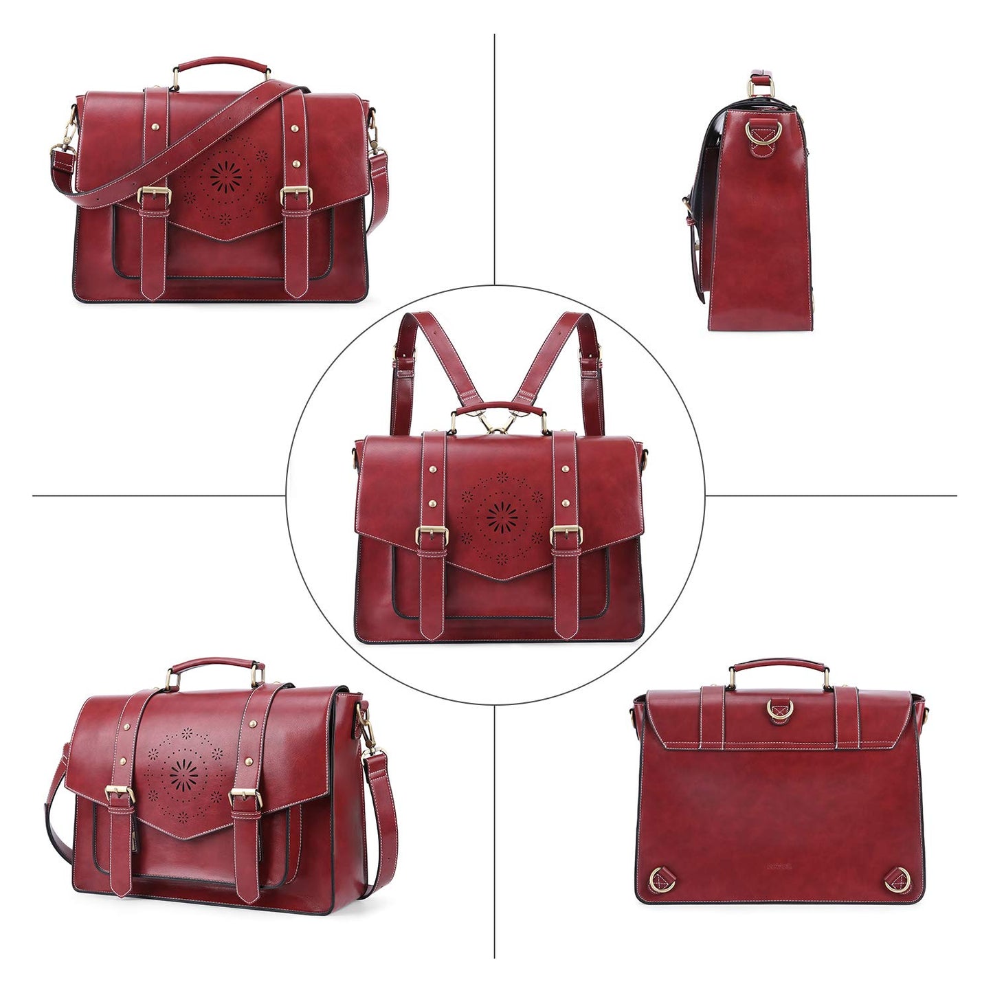 ECOSUSI Aktentasche Damen Laptoptasche 15,6 Zoll Schultertaschen Leder Umhängetasche Vintage groß business taschen Handtasche Arbeitstasche lehrertasche Rot