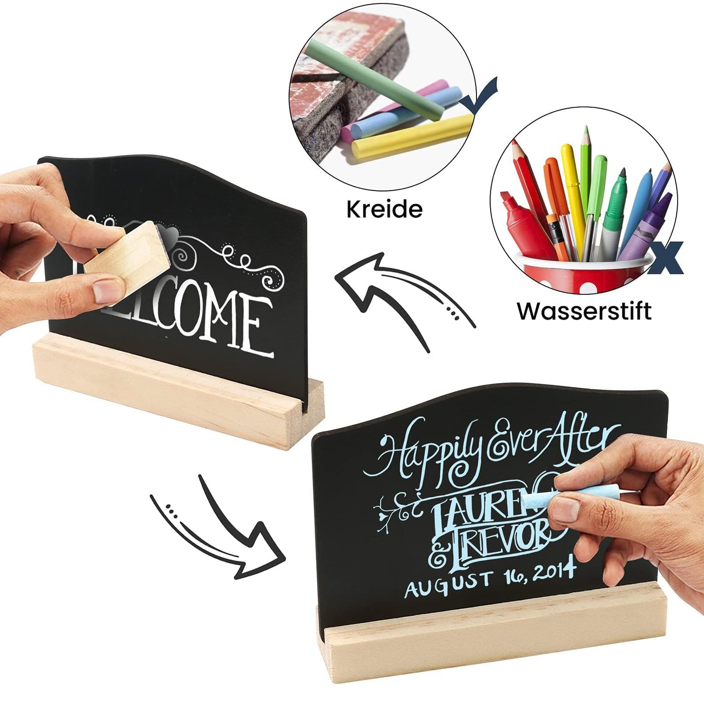 DONQL 12Stück Mini Kreidetafel mit Ständer, Kleine Tafel Holzschilder zum Beschriften, Mini Tafel Set,Tischkarten Preisschilder Platzkarten Kreidetafel Aufsteller für Hochzeit,Geburtstag usw. (Wellig)