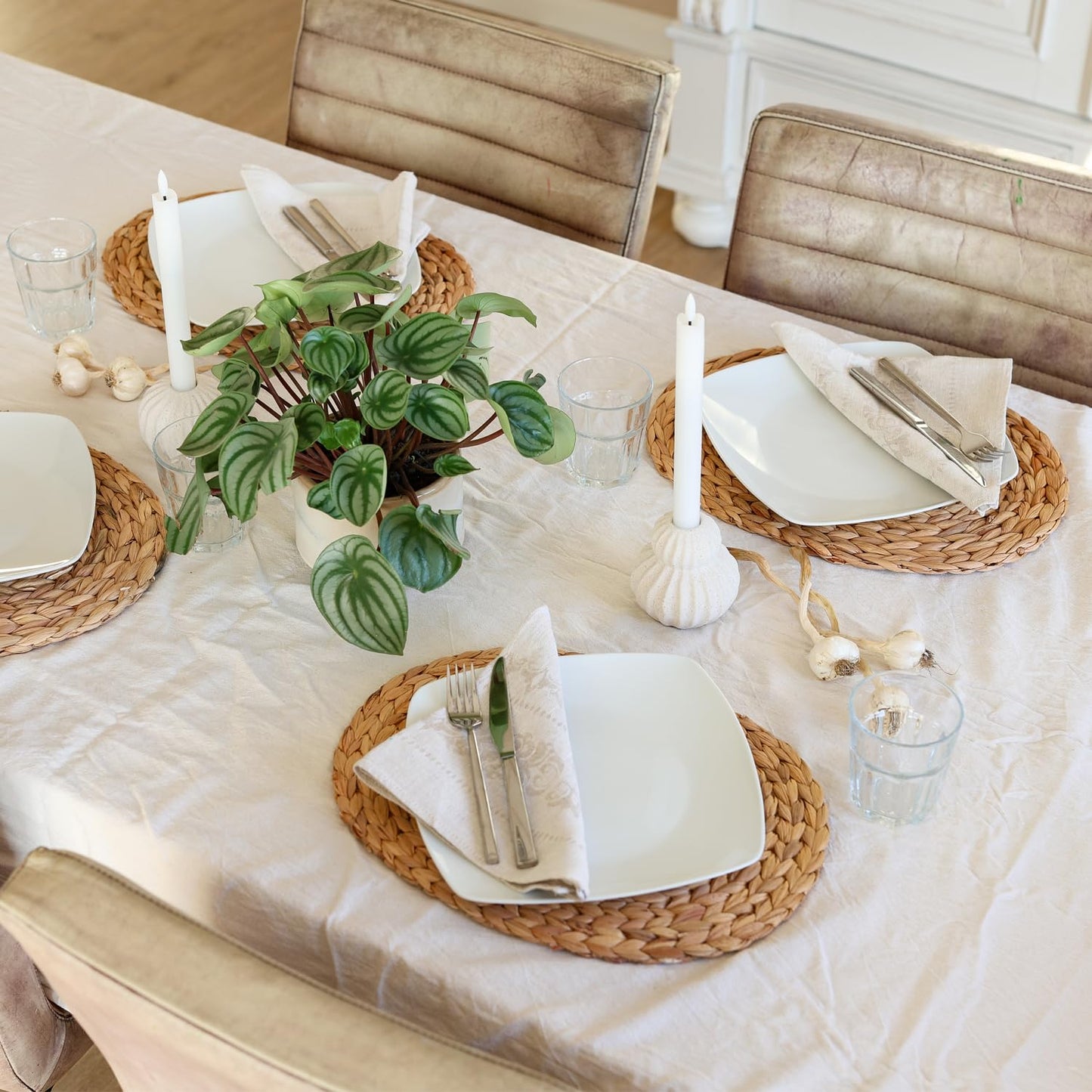 HMF Tischset oval geflochten aus Wasserhyazinthe, Platzset abwaschbar | 4er Set | 40 x 30 cm