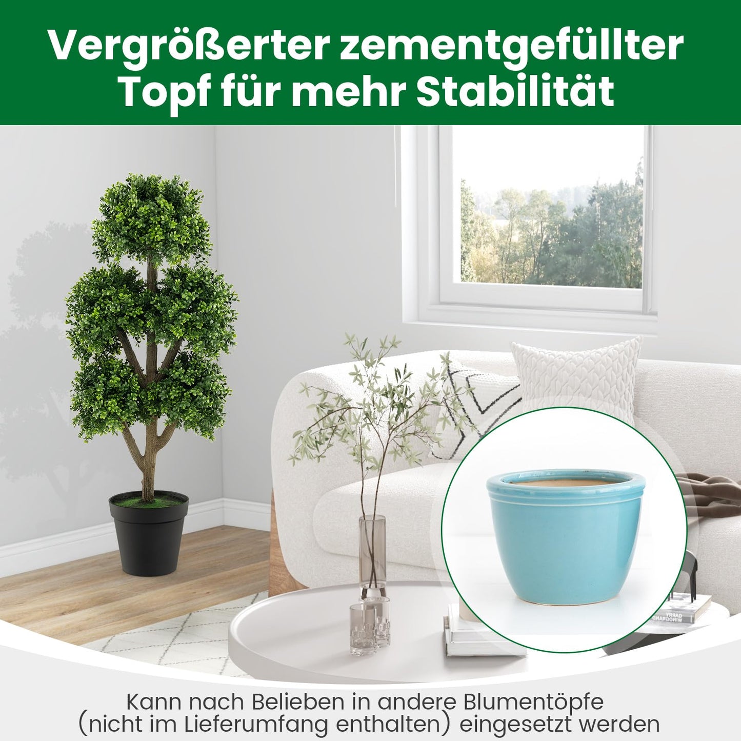 COSTWAY künstlicher Buchsbaum 115 cm, Kunstpflanze mit 5 Kugeln, Dekopflanze im Topf, Kugelbaum Grünpflanzen Kunstbaum, Zimmerpflanze Deko, für Zuhause Büro Garten Veranda, Grün
