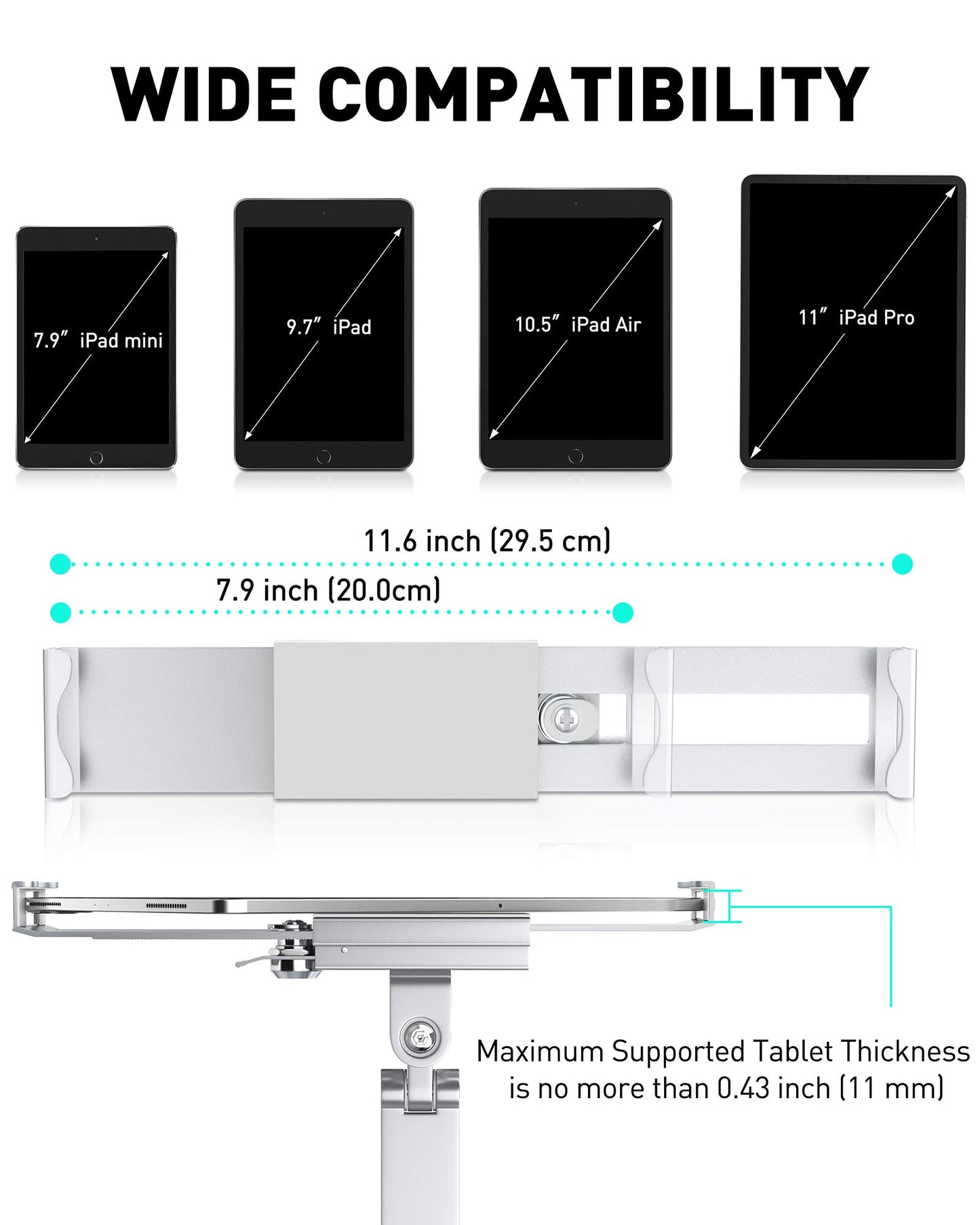 AboveTEK Tablet Wandhalterung iPad Ständer für 7-11Zoll Tablets/iPad/Galaxy Tab/Slate/Fire Tablet Halterung mit Anti-Diebstahl-Sicherheitsschloss und -Schlüssel Silber