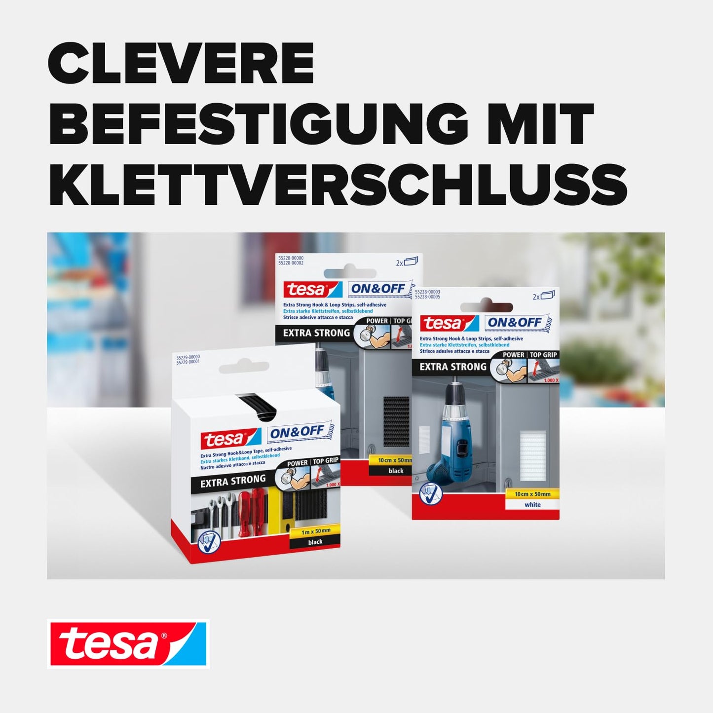 tesa On & Off Extrastarkes Klettband - Selbstklebende Klettstreifen zum Befestigen schwerer Gegenstände, extra stark - 100cm x 5 cm