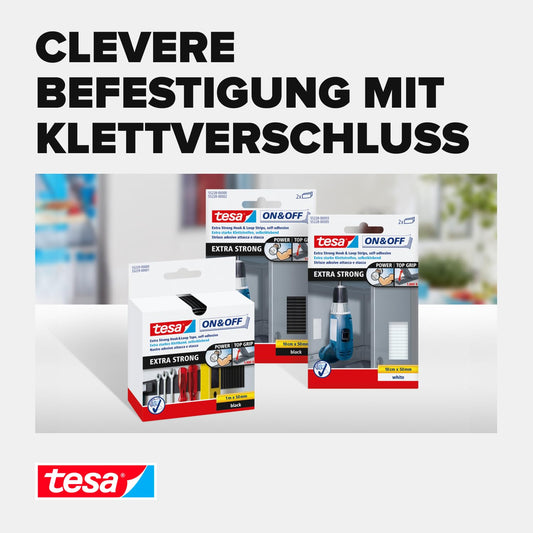 tesa On & Off Extrastarkes Klettband - Selbstklebende Klettstreifen zum Befestigen schwerer Gegenstände, extra stark - 100cm x 5 cm