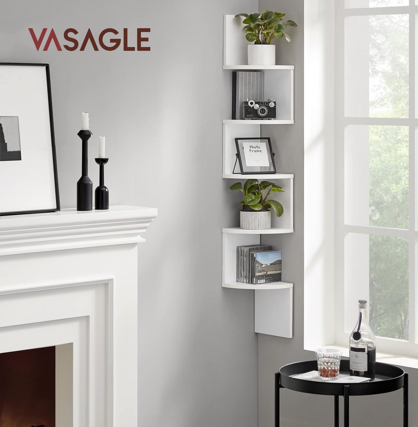 VASAGLE Eckregal, Wandregal 5 Ebenen, Schweberegal für Bücher, Bücherregal, Pflanzenregal für Schlafzimmer, Wohnzimmer, Badezimmer, Homeoffice, wolkenweiß