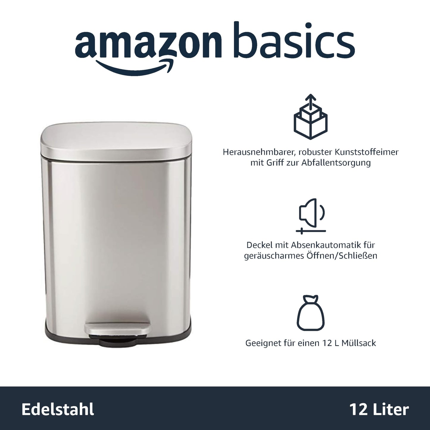 Amazon Basics Mülleimer Rechteckig, schmutzabweisend, mit sanft schließendem Fußpedal, für Bad, Schlaf- oder Wohnzimmer, 12 l, satinierte Nickeloberfläche, 29 cm L x 24 cm B x 39 cm H