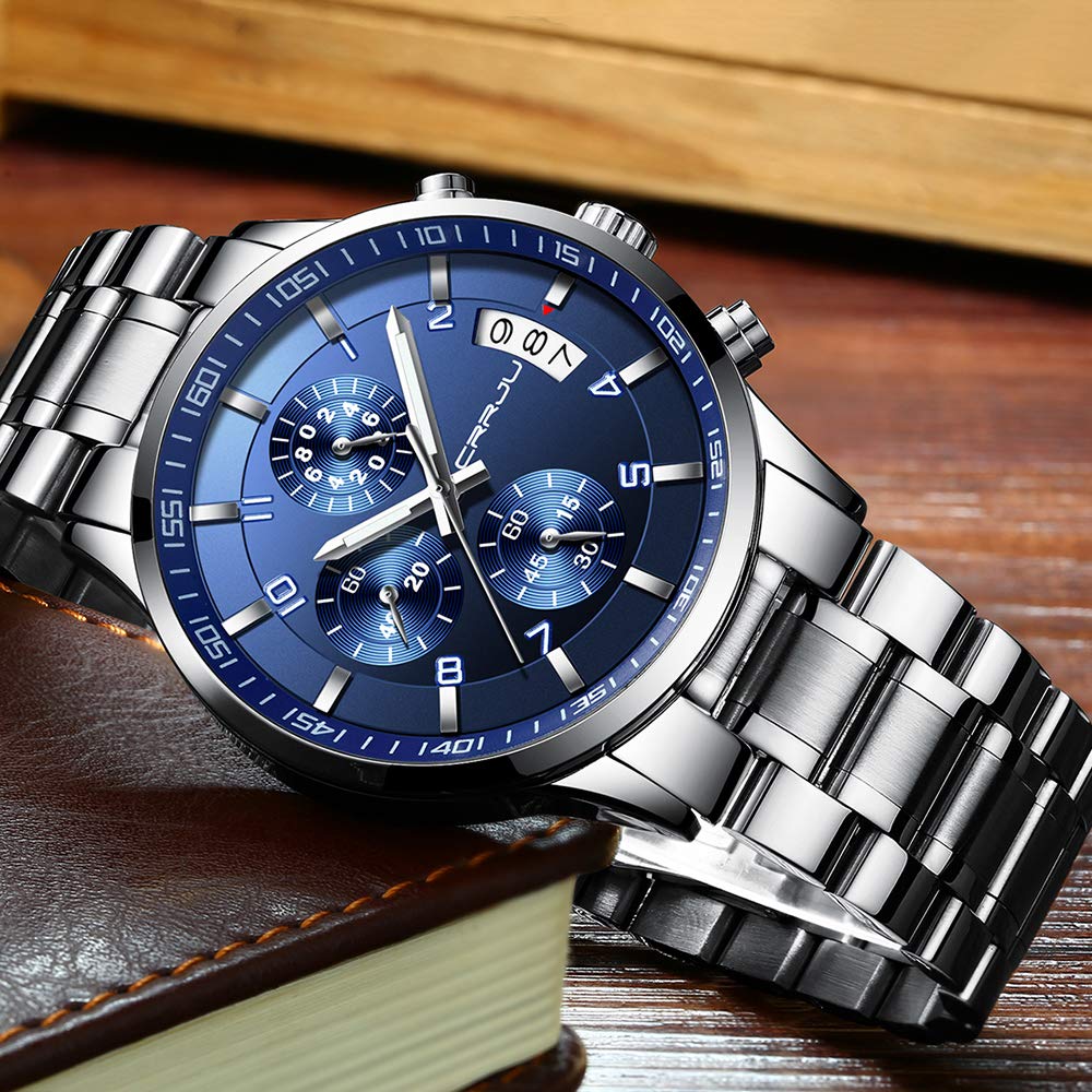 CRRJU Herren Uhr wasserdichte Chronographen Armbanduhr Männer Edelstahlarmband Business Analog Quarzuhr mit Kalender (A Blau)