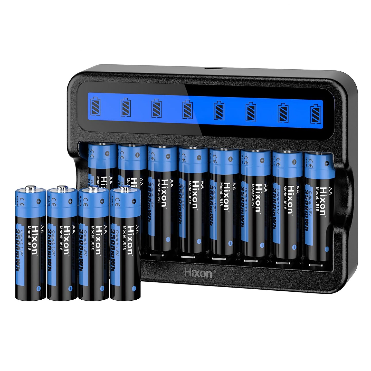Hixon Wiederaufladbare AA Lithium Akku, 12er-Pack mit 8-Slot Schnellladegerät, Langlebige 3500mWh 1,5V Lithium AA Batterie, Hoher Entladerate Lithium Batterien AA