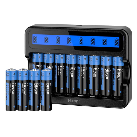 Hixon Wiederaufladbare AA Lithium Akku, 12er-Pack mit 8-Slot Schnellladegerät, Langlebige 3500mWh 1,5V Lithium AA Batterie, Hoher Entladerate Lithium Batterien AA