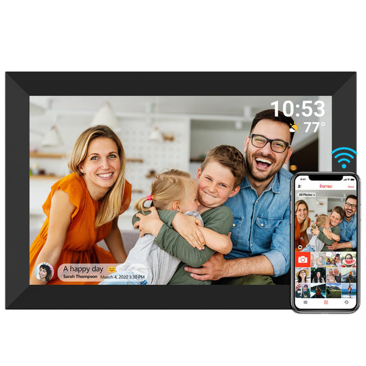 Digitaler Bilderrahmen WiFi 10,1 Zoll 1280x800 IPS LCD Touchscreen, Eingebauter 32GB Speicher Auto-Rotat, Teilen Sie Momente sofort über Frameo App von überall, Schwarz