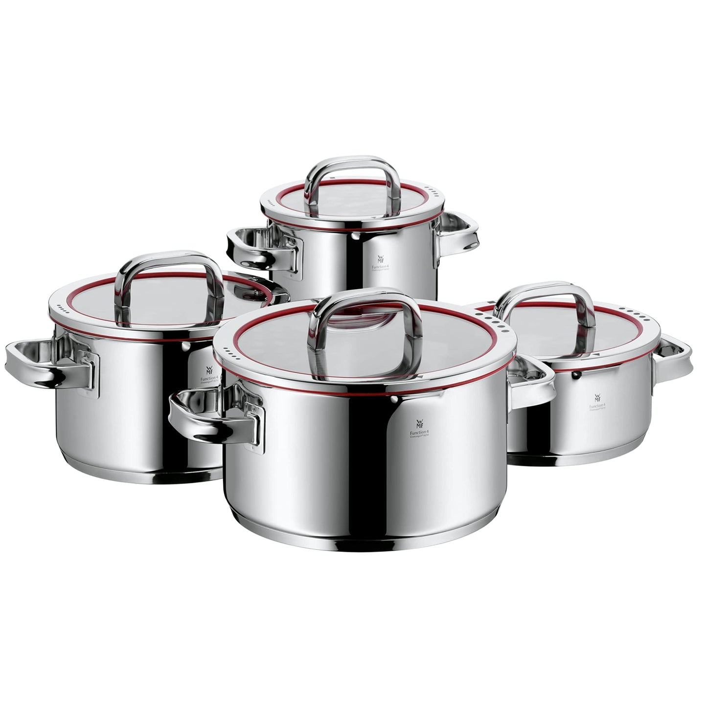 WMF Function 4 Topfset Induktion 4-teilig, Cromargan Edelstahl poliert, Glasdeckel mit 4 Abgießfunktionen, Induktionstöpfe, Innenskalierung