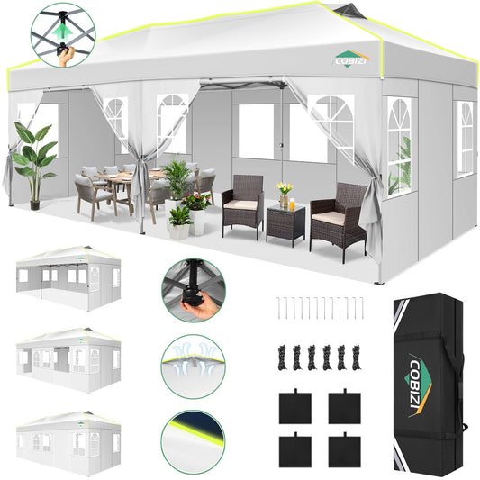 COBIZI Faltpavillon 3x6 Pop up pavillon wasserdicht stabil Winterfest faltbar partyzelt mit 6 Seitenwänden UV-Schutz Gartenpavillon mit Reflexstreifen & Lüftungsöffnung für Hochzeiten, Weiß